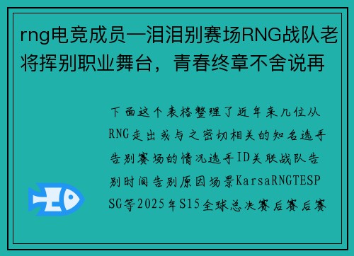 rng电竞成员—泪泪别赛场RNG战队老将挥别职业舞台，青春终章不舍说再见