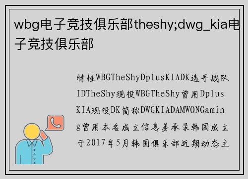 wbg电子竞技俱乐部theshy;dwg_kia电子竞技俱乐部