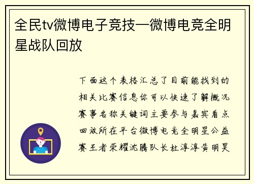 全民tv微博电子竞技—微博电竞全明星战队回放
